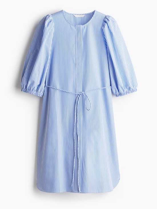 H&M Dresses & Skirts - H&M Blue and White Striped Puff-Sleeve Tie-Waist Dress